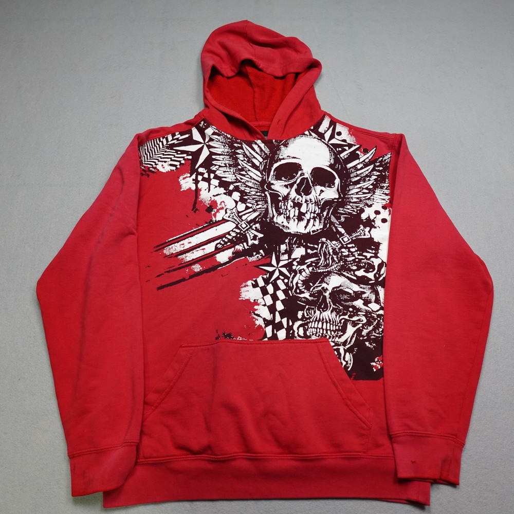 Hybrid Apparel Hoodie Mens Large Red Pullover Fleece Graphic Skull Hooded Crew